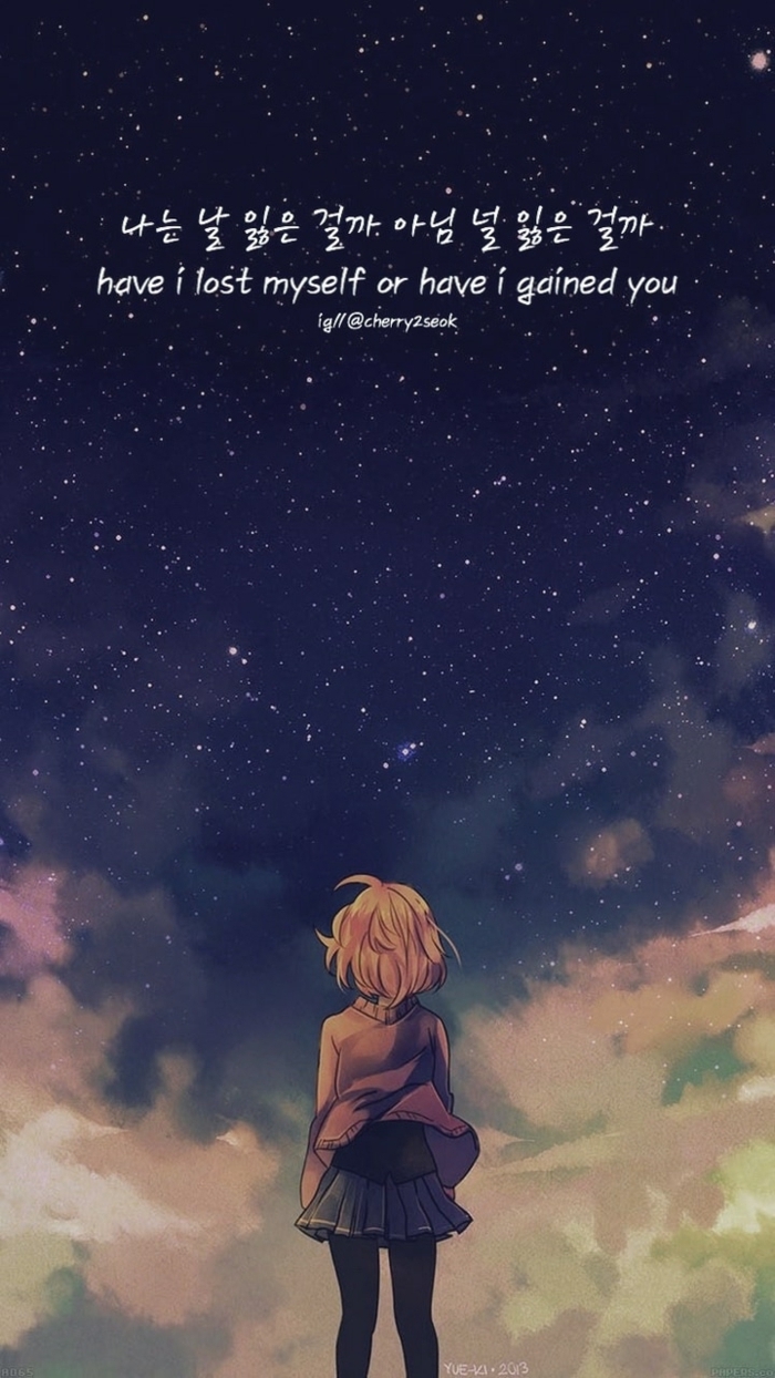 Mädchen guckt zum Himmel mit vielen Sternen, Bild mit Spruch, aesthetic anime wallpaper, ästhetische Hintergrundbild