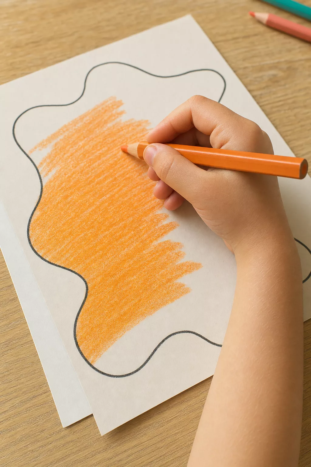 Kinderhand hält einen Buntstift im Dreipunktgriff beim Ausmalen