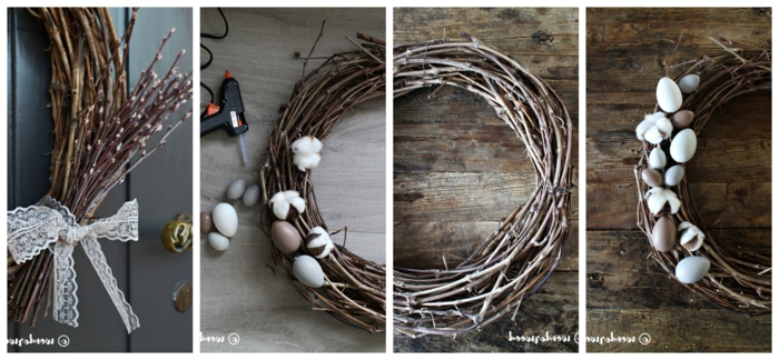 Collage von DIY Anleitung für Kranz aus Zweige und dekoriert mit Eiern, Wanddeko Ideen selbermachen, 