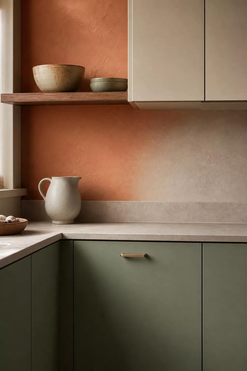 Salbeigrüne Küchenfront mit warmen Sandtönen und mattem Finish