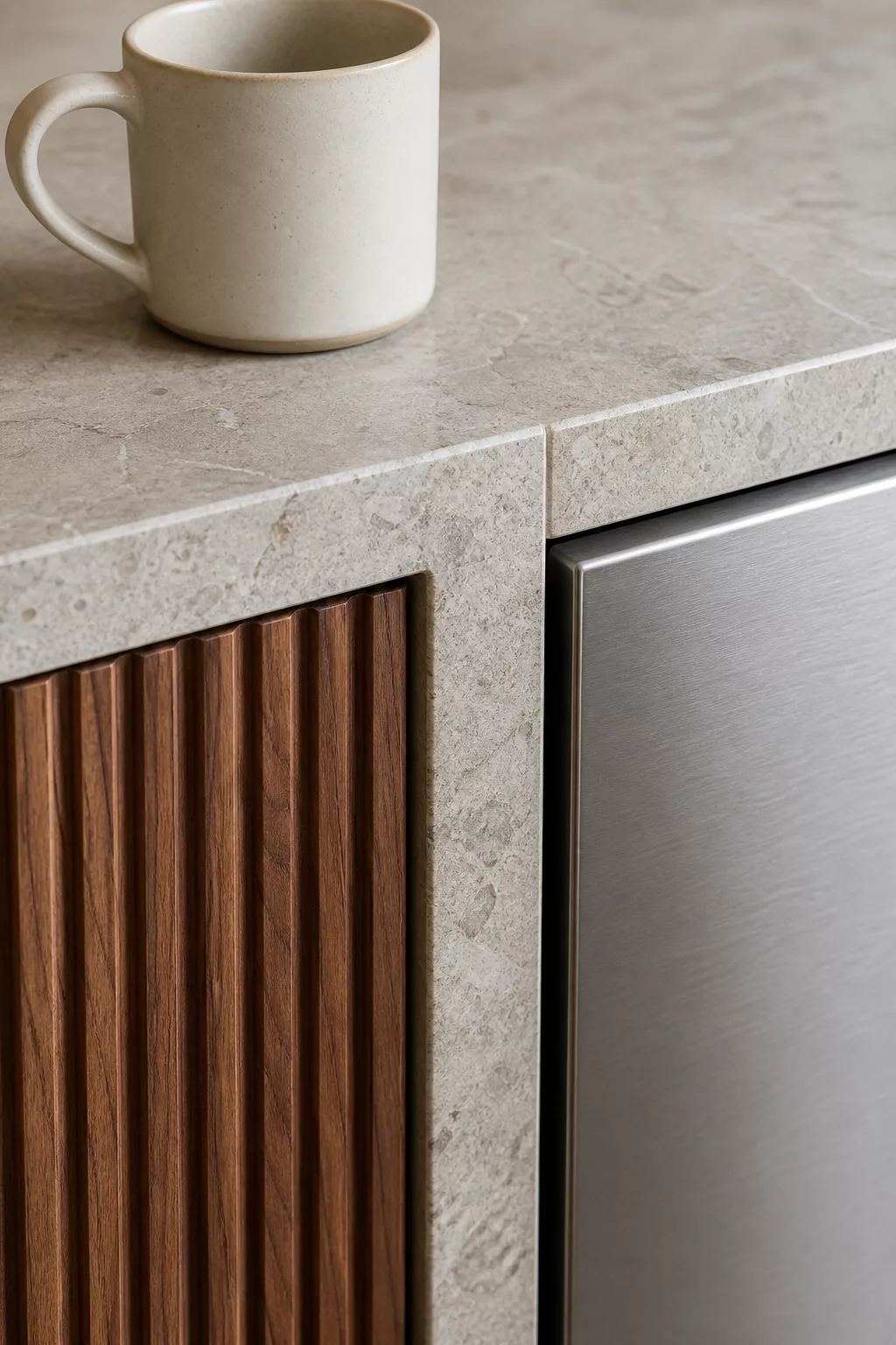 Materialmix aus Holz, Naturstein und Edelstahl in der Küche