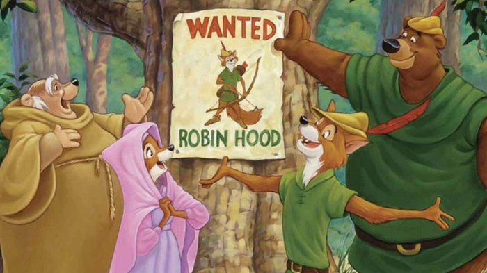 wanted robin hood, szene aus dem animationsfilm, ein fuchs und bär mit gelben hüten mit roten federn, laid mariane, little john und robin hood