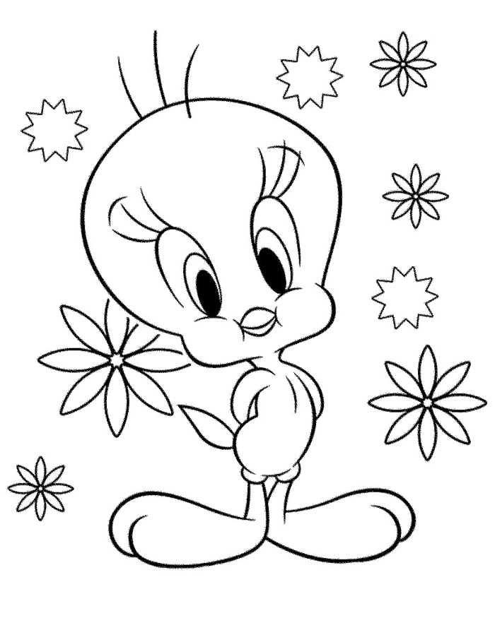 Lonney Tunes Zeichentrickfilm, Tweety Bild, kleiner Vogel, viele gemalte Blumen, Ausmalbilder für Mädchen
