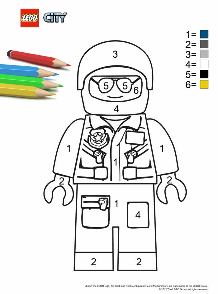 Lego City Figur, Pilot in Uniform und vielen Мedaillen, Vorschläge zum bemalen mit Farben, Blätter zum ausmalen 