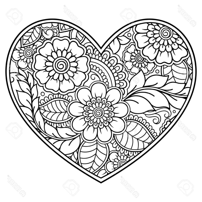 Mandala Muster in der Form eines großen Herzen, gemalte große und kleine Blumen mit Blätter