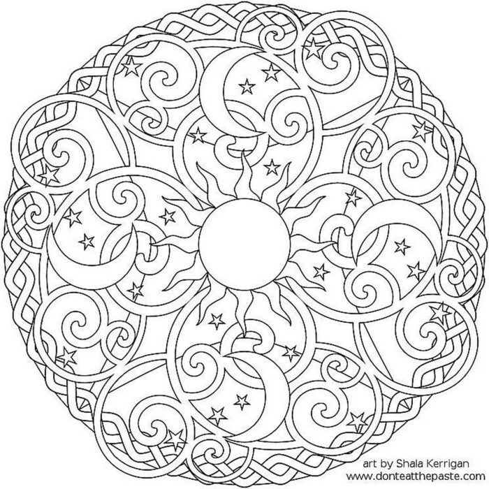 Mandala Muster mit Sonne und Halbmode und kleine Sterne, geometrisches Schaubild zum ausmaelen