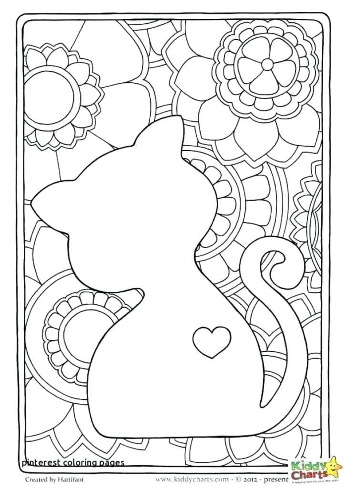 Ausmalbilder für Kinder mit Mandala Figuren und Blumen Muster, kleine Katze mit einem aufgemalten Herz