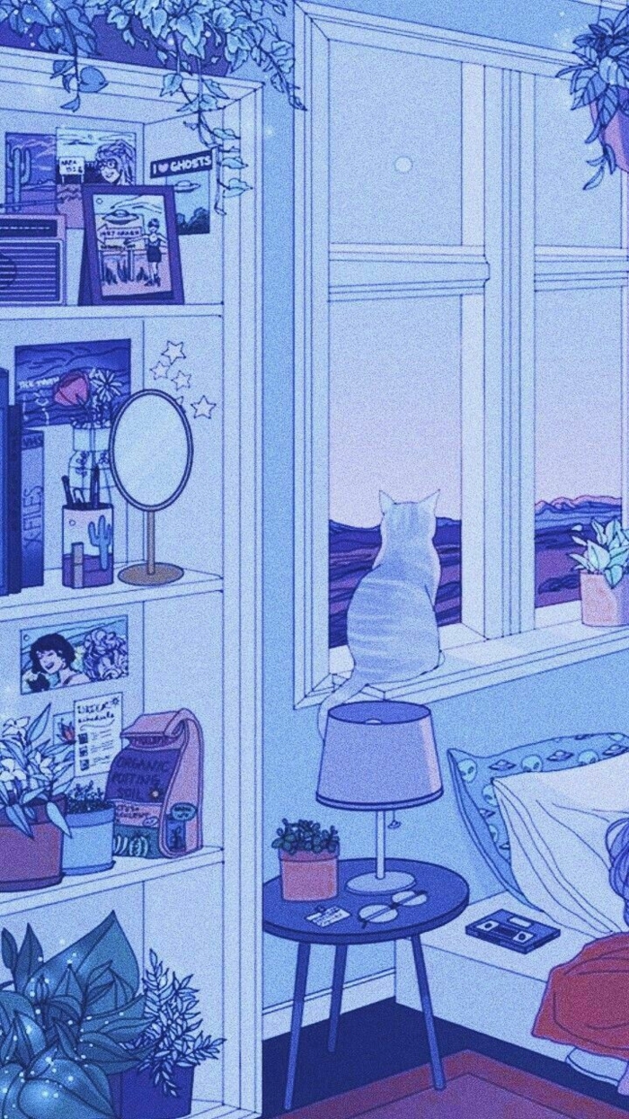 kleine Katze guckt aus einem Fenster, Regal mit vielen Fotos, aesthetic anime Wallpaper, ästhetische Tapete