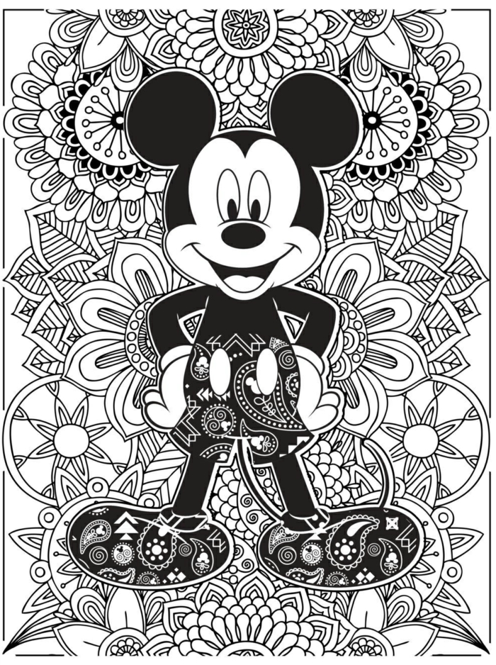 Bild von Mickey Mouse mit verschiedenen Figuren, Mandalas für Kinder zum ausmalen