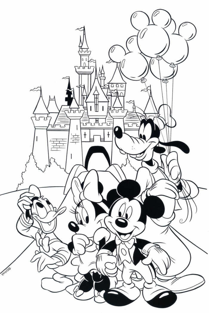 Mickey Mouse und Minnie Mouse, Goofy und Donald Duck vor dem Disney Schloss, vier Luftballons, Ausmalbilder für Kinder