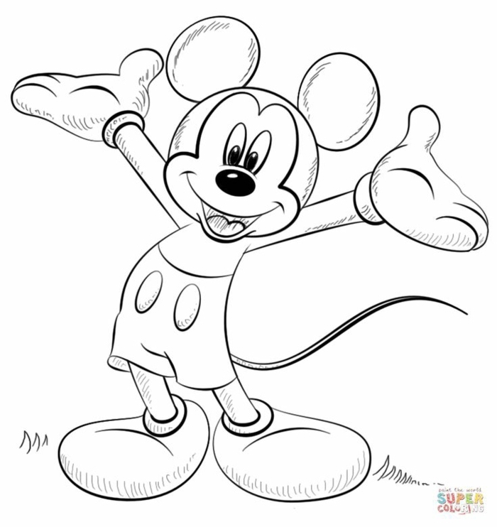 Bild von der Figur von Disney Mickey Mouse mit ausgestreckten Händen, Ausmalbilder für Kinder