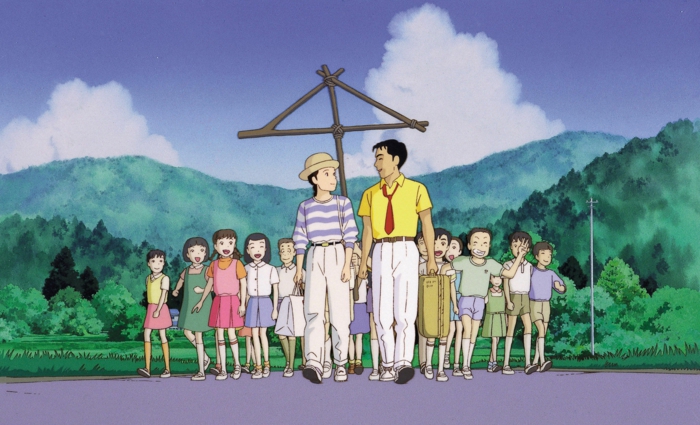 szene aus dem anime only yesterday, ein mann mit gelbem hemd und wei0en hosen und roter krawatte