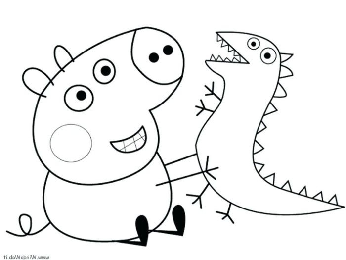 Peppa Wutz spielt mit einem kleinen Dinosaurier, ausmalbilder für Kinder, 