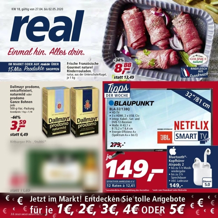 Titelseite von Prospekt von Real mit Bilder von Fleisch und Kaffee Dallmayr, Fernseher Angebot, Aktuelle Angebote von Real
