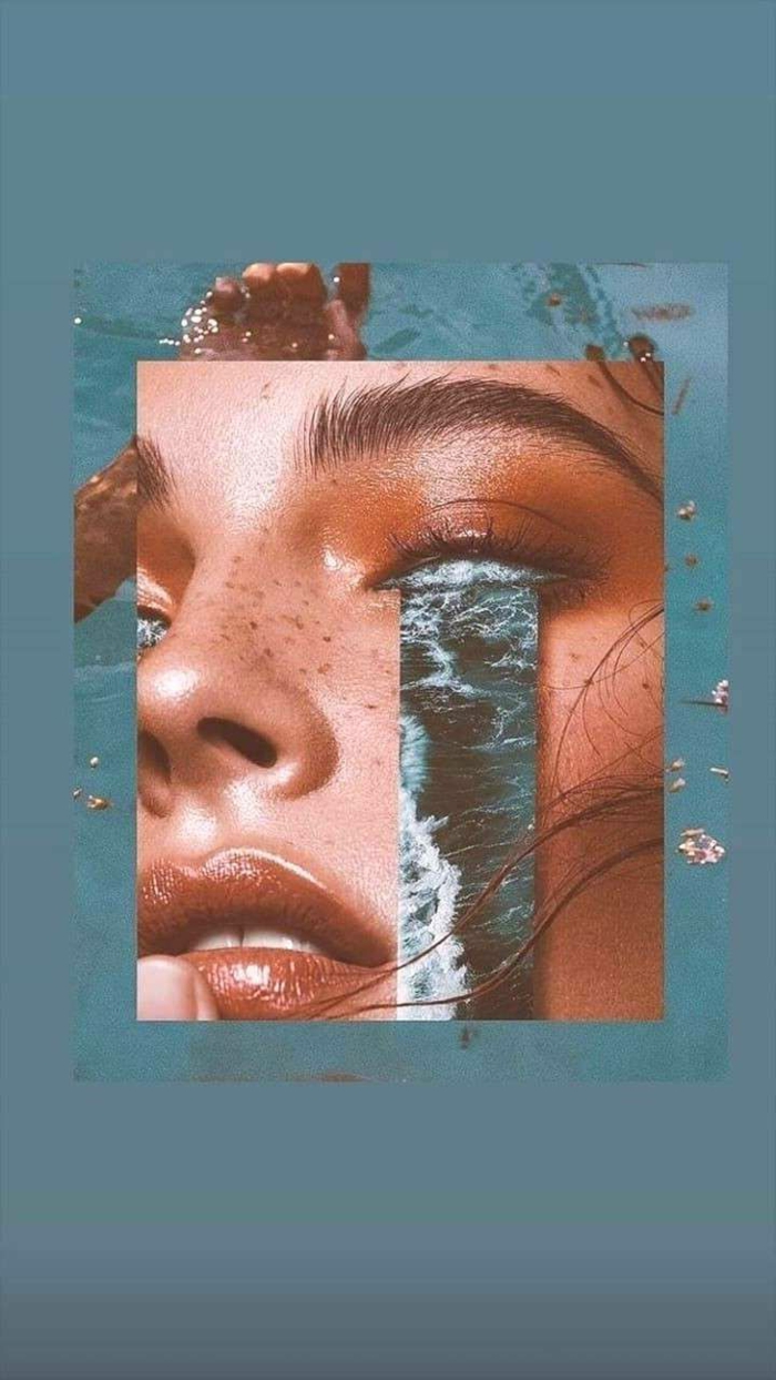 kreative Collage von einem Gesicht mit fließendem Wasser aus dem Auge, aesthetic iphone wallpaper