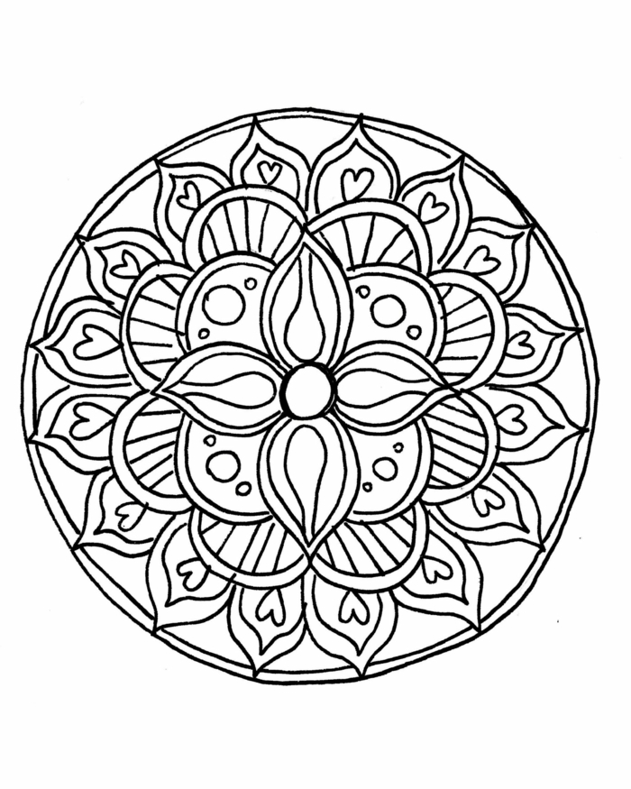 Mandalas für Kinder, zahlreiche verschiedene Figuren, Kreise und Herzen, Blume in der Mitte