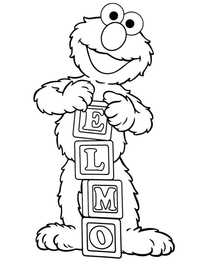 Sesamstraße Figur Baby Elmo, hält Bauklötzchen mit seinem Namen, schöne Ausmalbilder für Kinder, 
