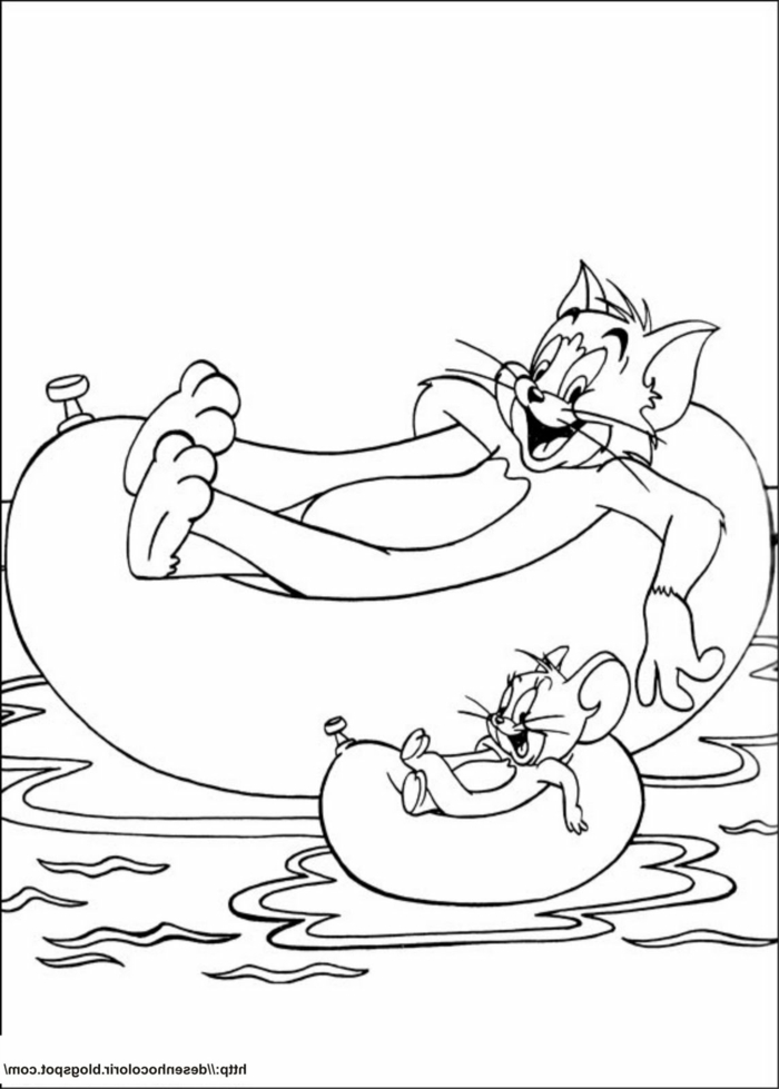 Tom und Jerry liegen in Luftmatratzen im Wasser, Ausmalbilder für Kinder, Katze und Maus