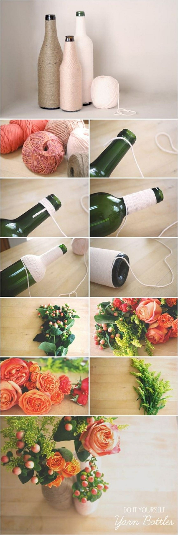 Upcycling von Glasflaschen zu Vasen, DIY Anleitung, Flasche umwickelt mit Garn, Pinterest basteln