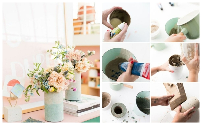 schöne in Pastellfarben mit Frühlingsblumen, DIY Anleitung zum machen, Gefäße aus Beton selber machen