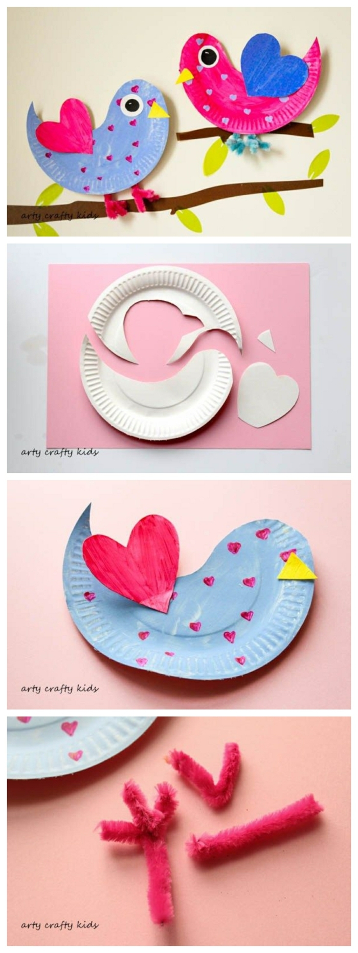 Collage mit Anleitungen zum basteln von Vögel, Tiere aus Pappteller, DIY Geschenke zum Muttertag