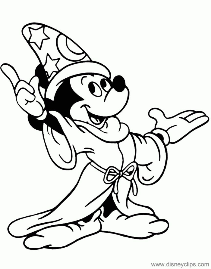 Ausmalbilder Disney, Mickey Mouse angezogen in einem Zauberer Kostüm, Hut mit abgebildete Sterne und Mond, 