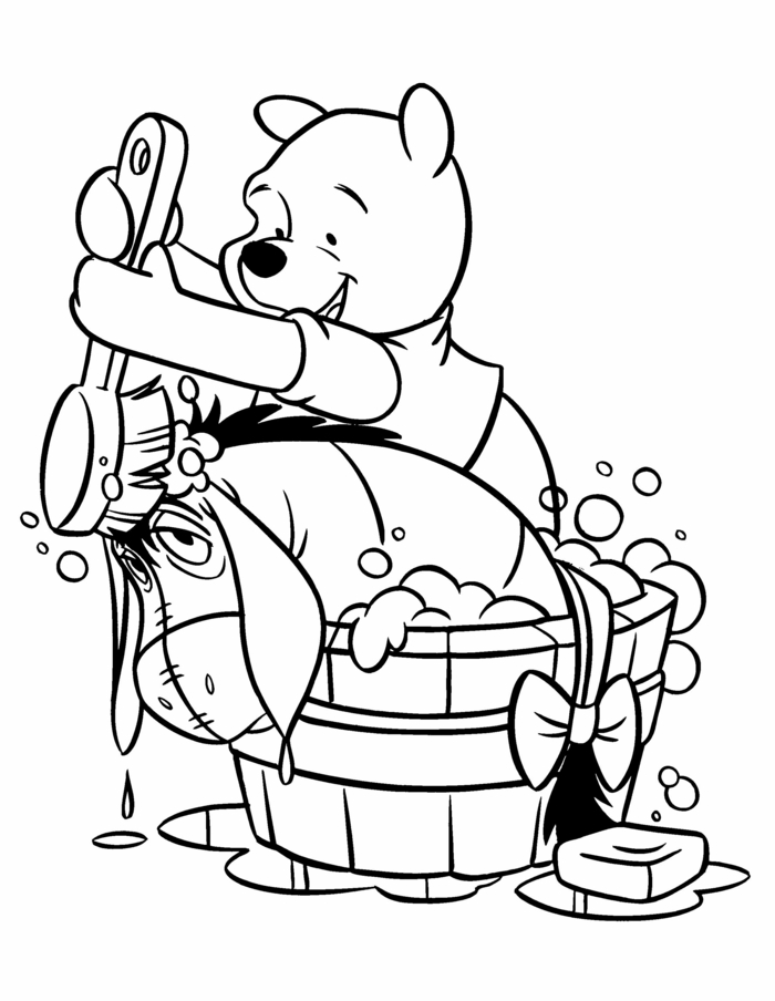 Winnieh the Pooh, Pu der Bär, Pu wäscht I-Ah in einem Becken, Ausmalbilder für Kinder