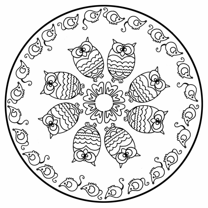 große Zeichnung mit abgebildeten Eulen und Mäuse, Blume in der Mitte, Mandala zum ausdrucken