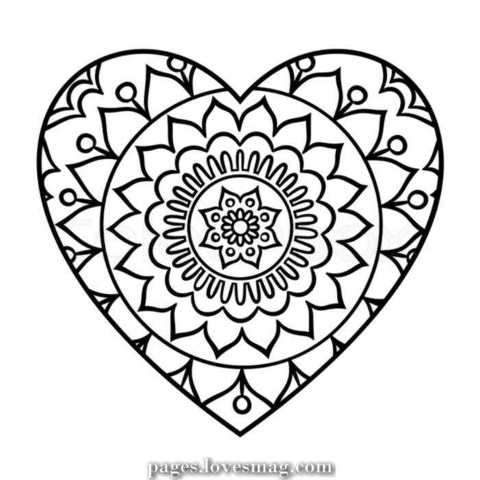 kreative Mandala in der Form eines Herzens mit einer Blume in der Mitte, Frühlingsbilder zum ausmalen