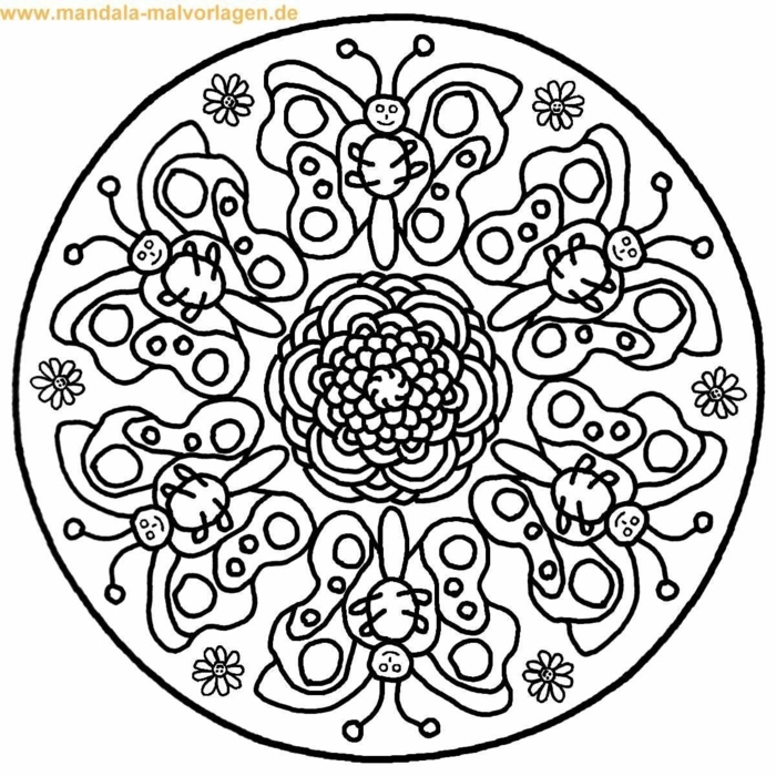 kreisförmiges Muster, Ausmalbilder kostenlos, Mandala mit gemalten Schmetterlinge und einer Blume in der Mitte