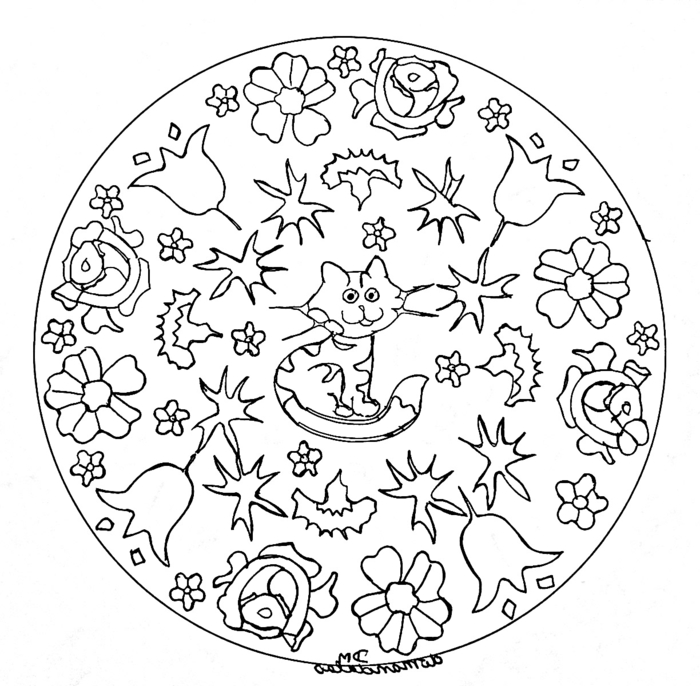 Ausmalbilder kostenlos ausdrucken, Mandalas für Kinder, kreisförmiges Muster mit abgebildeter Katze und vielen Blumen