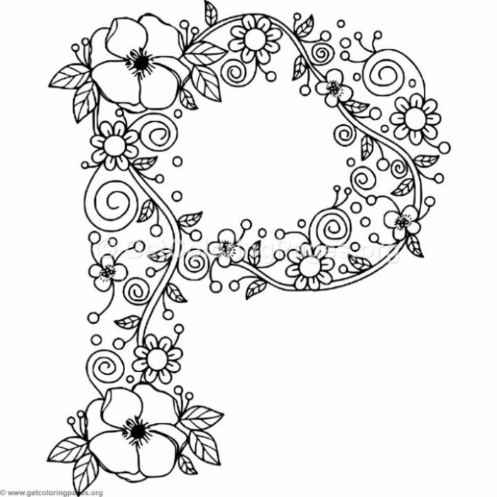 Zeichnung in der Form des Buchstabens P mit kleinen und großen Blumen, Mandala Ausmalbilder