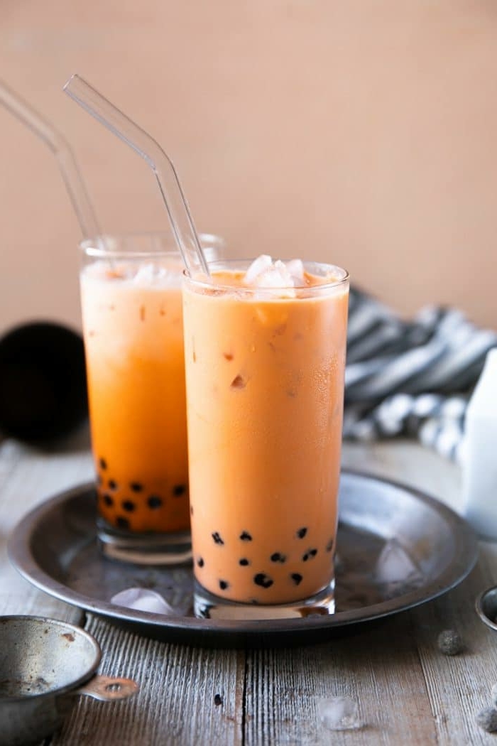 bubble tea tapioca perlen selber machen, leckeres getränk mit papaya und milch