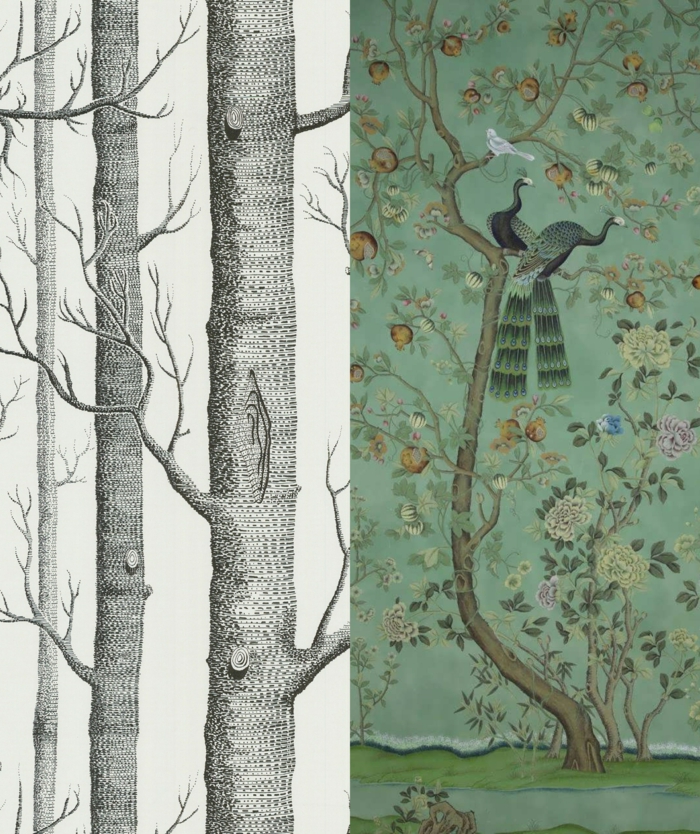 Collage von zwei Tapetenmuster mit Bäumen und Vögel, Welche Tapete passt in die Küche, Wandgestaltung Ideen, Chinoiserie Design