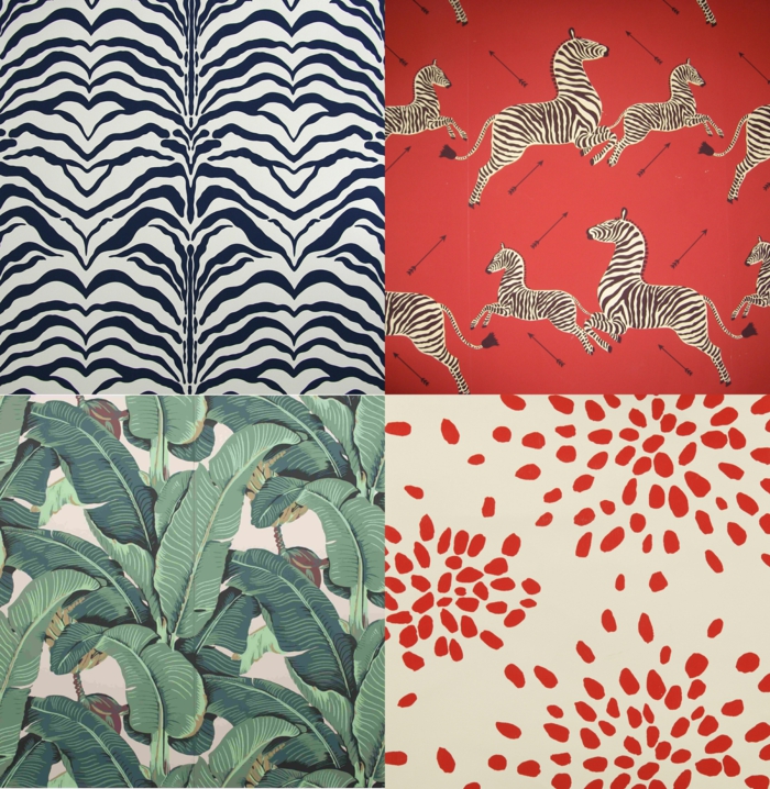 Collage von vier Tapetenmuster, Küchen Tapeten Ideen, Zebras und Martinique Design, Einrichtung Inspiration