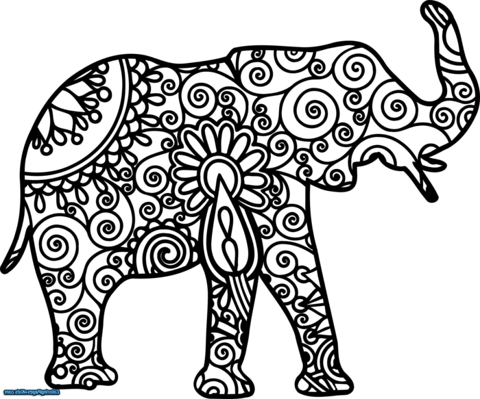 Ausmalbilder Mandala Tiere, Bild von einem Elefanten mit geometrischen Figuren und Blumen