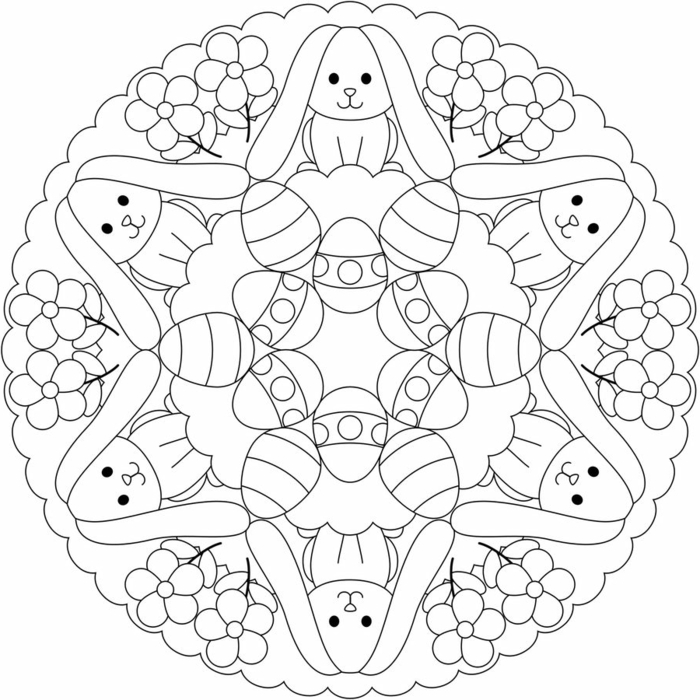 kreisförmiges Bild mit abgebildeten Hasen Blumen und Eier, Mandala zum Ausdrucken Kinder
