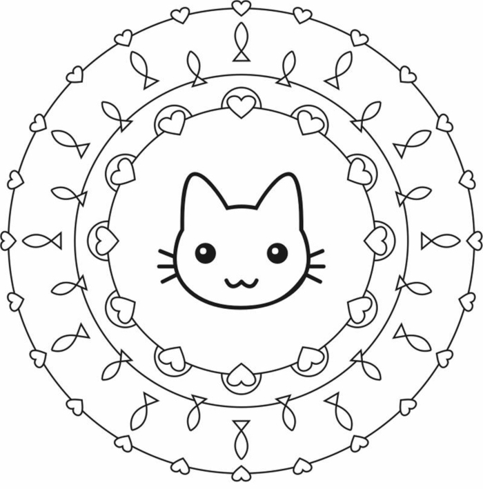 Malvorlagen zum ausdrucken, gezeichnete kleine Herzen und Fische, Katze in der Mitte, Mandala Muster