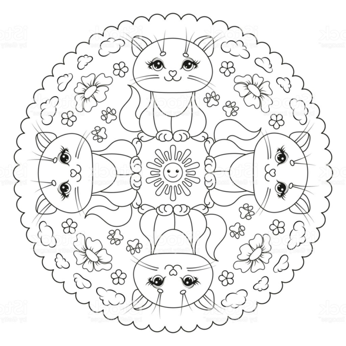 Kreative Mandalas zum ausdrucken, abgebildete Katzen und Blume, Sonne in der Mitte