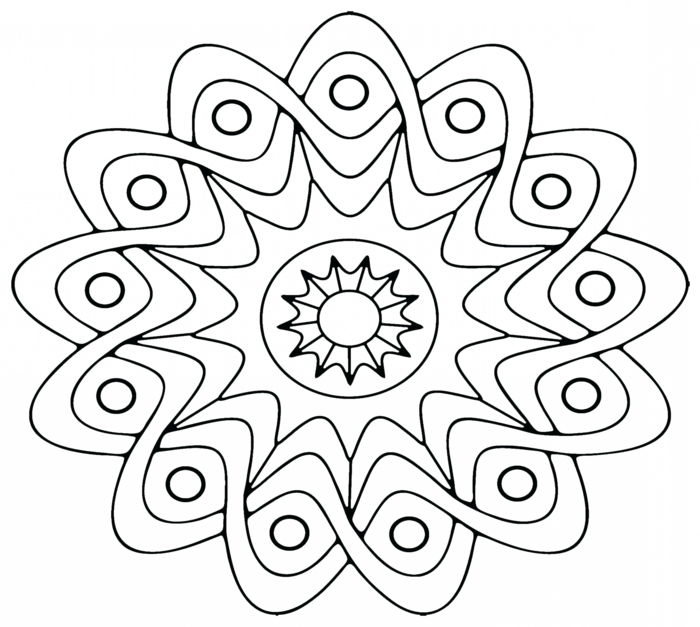 Bild im Blumen Muster mit einer Sonne in der Mitte, kleine Kreise, Mandala Kinder zum ausmalen