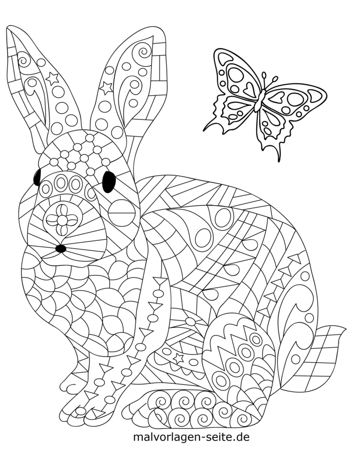 Ausmalbilder Mandala Tiere, Hase und Schmetterling mit geometrischen Mustern und Figuren