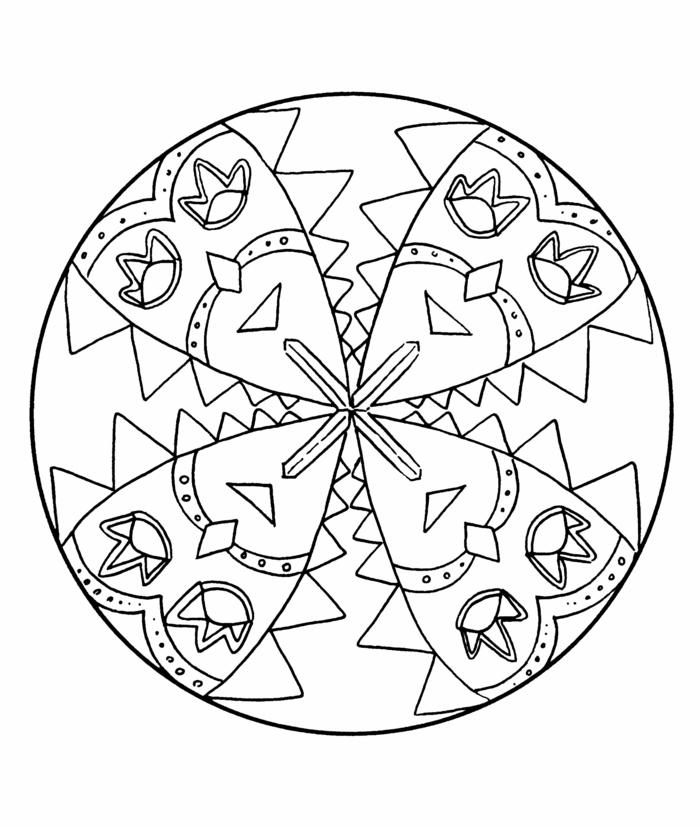 Bild in Kreisform mit vier abgebildeten Masken, Bilder zum ausdrucken kostenlos mit Mandala Muster