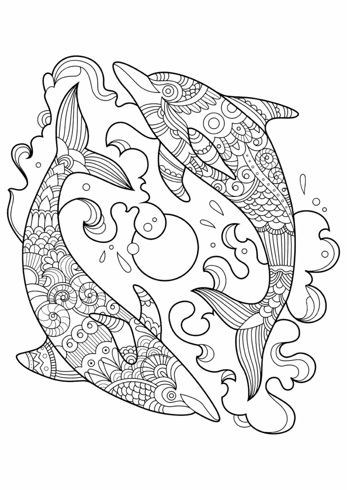 Zeichnung von zwei Delfine im Wasser, Ausmalbilder kostenlos ausdrucken, Bild mit Mandala Muster