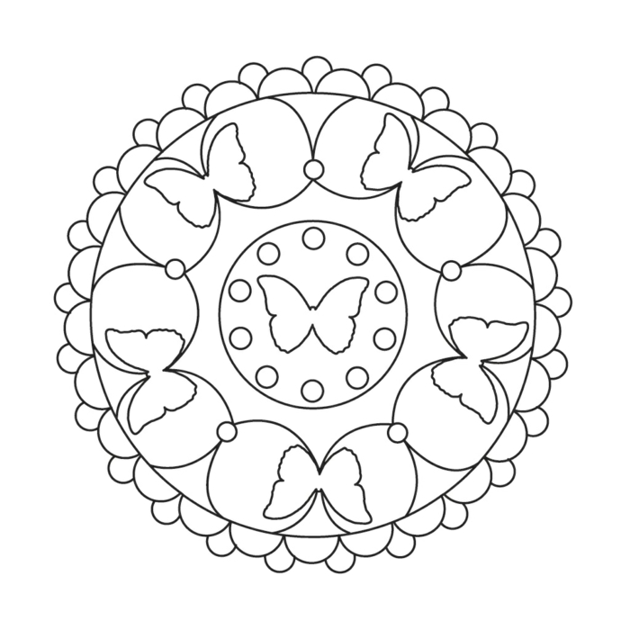 Zeichnung mit sechs Schmetterlingen, kleine Kreise, einfaches Mandala zum ausmalen Kinder