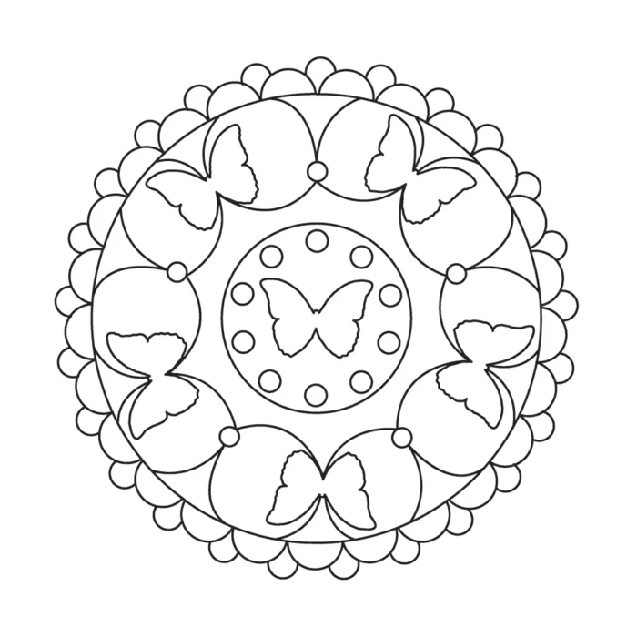 Zeichnung mit sechs Schmetterlingen, kleine Kreise, einfaches Mandala zum ausmalen Kinder