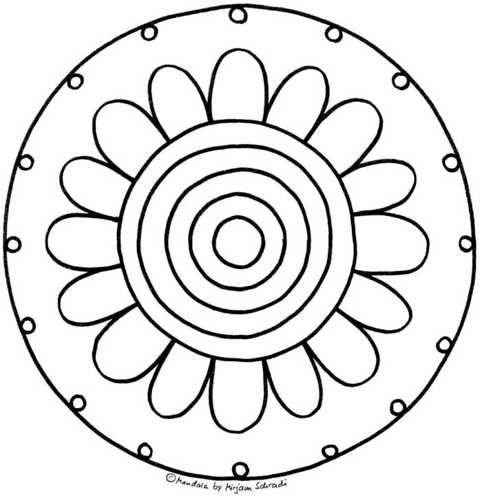 Mandala Ausmalbilder, Blume mit Blüte und kleinen und großen Kreisen, Bilder zum ausmalen