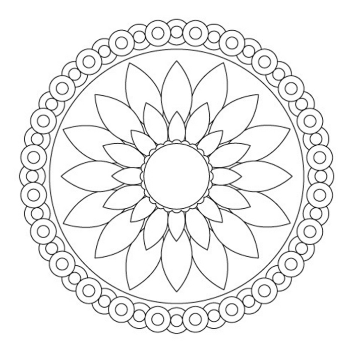 große Blume in der Mitte eines Kreises, Malvorlagen zum Ausdrucken mit Mandala Muster für Kinder