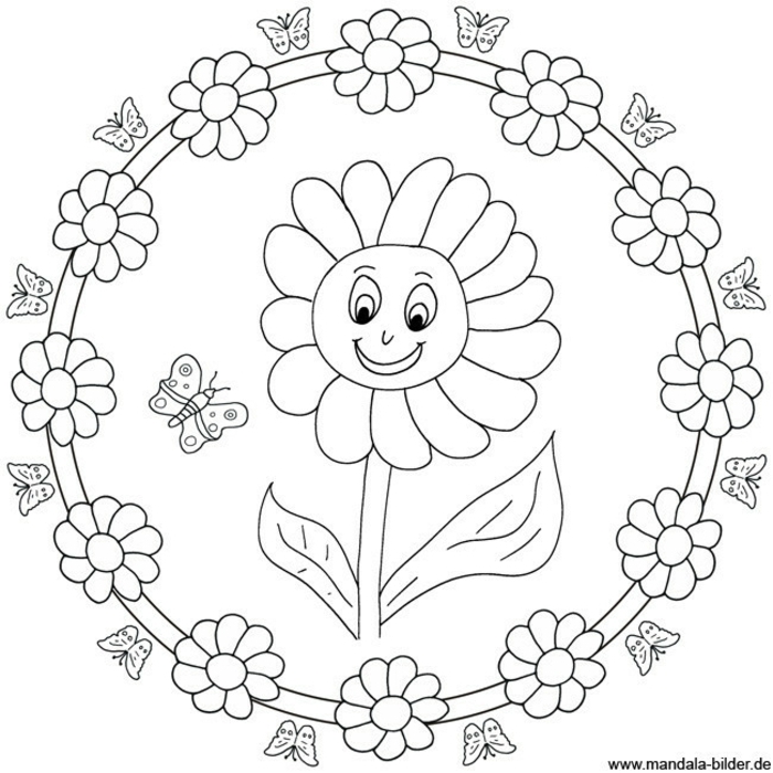 Zeichnung einer Sonnenblume mit Gesicht, kleiner Schmetterling, viele kleinere Blumen, Mandala zum Ausdrucken