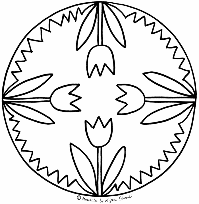 vier gezeichnete Tulpen in einem kreisförmigen Bild, Mandala Malvorlagen zum ausdrucken