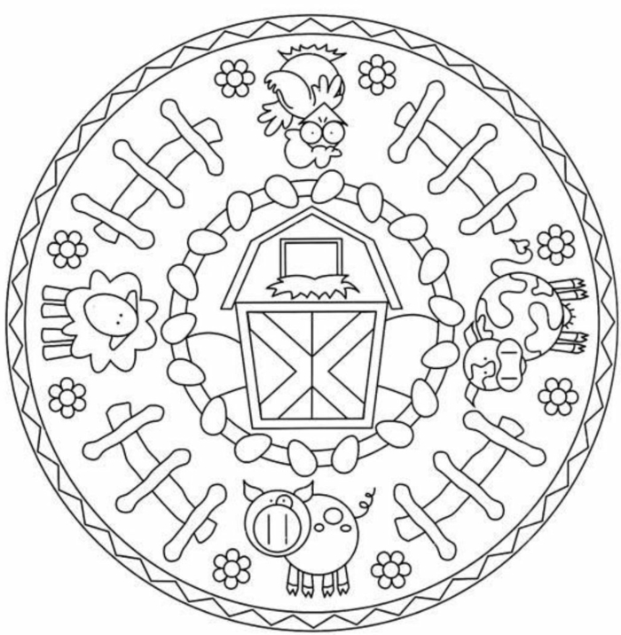 Ausmalbilder Mandala Tiere, Kuh und Schwein, Schaf und Hahn, Stal in der Mitte, kreisförmiges Bild
